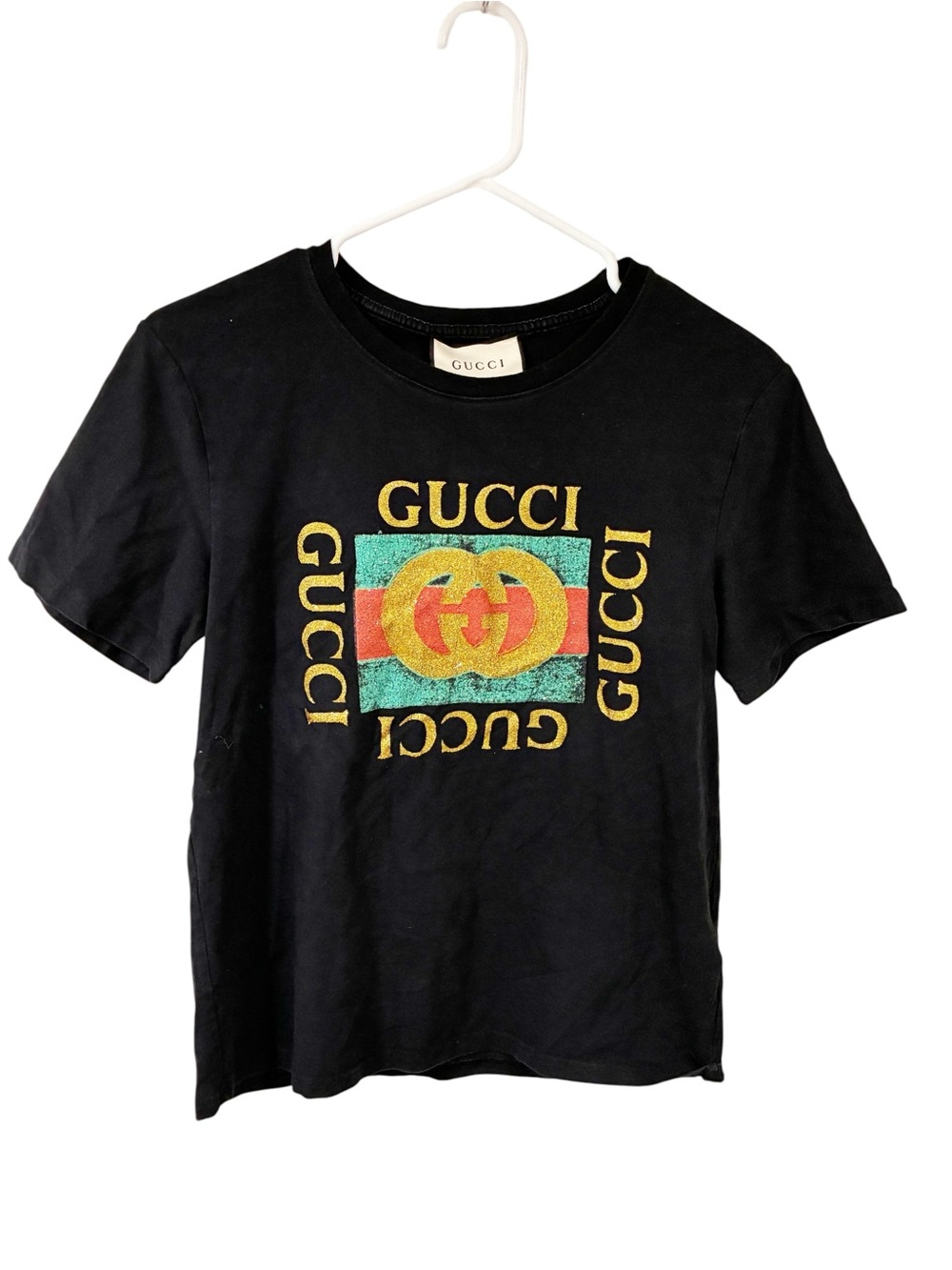 Gucci Black Short Sleeve Logo Tee with Yellow, Orange, Green Accents